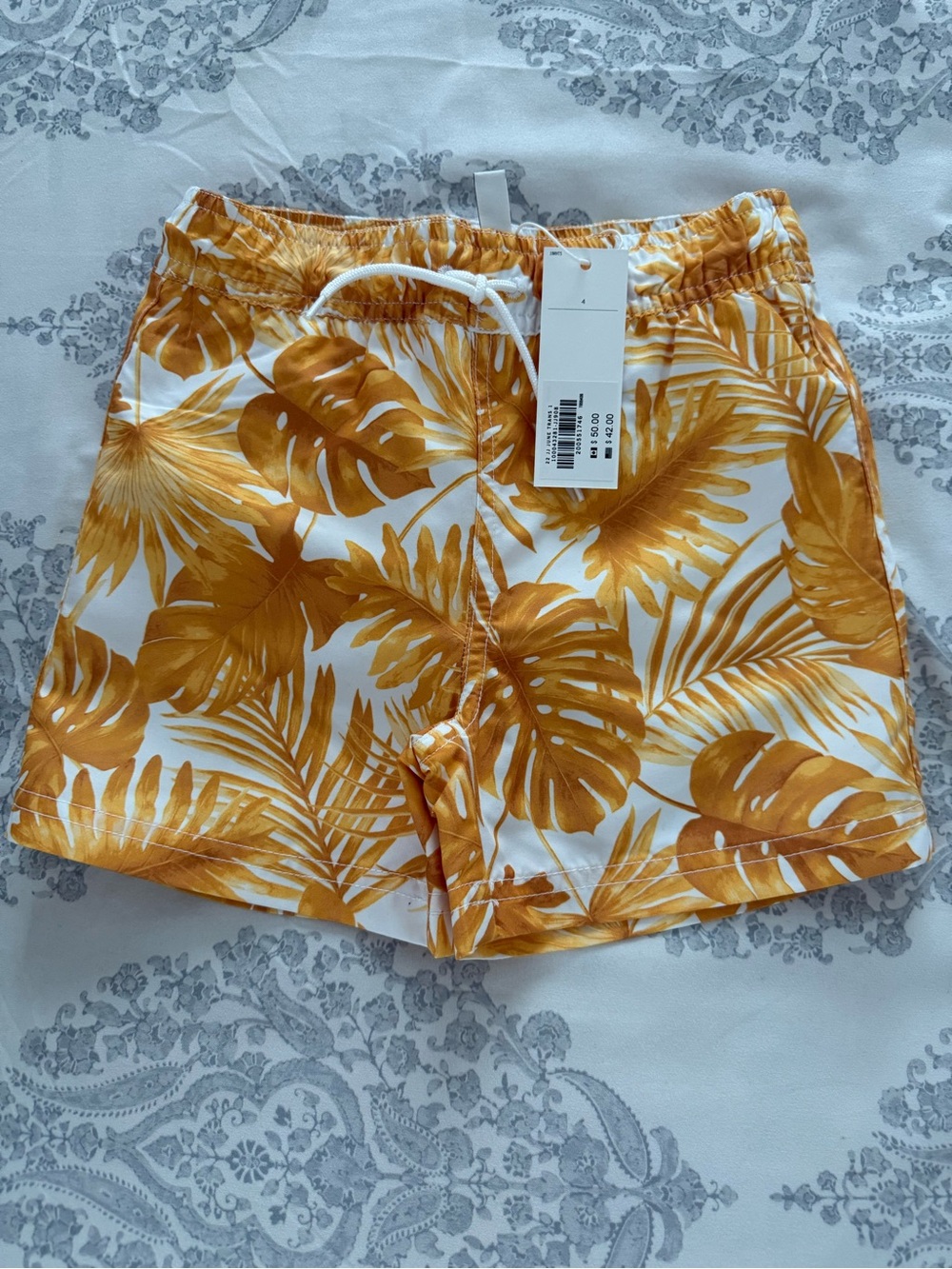Janie and Jack Boys' Tropical Leaf Swim Trunks - White & Yellow